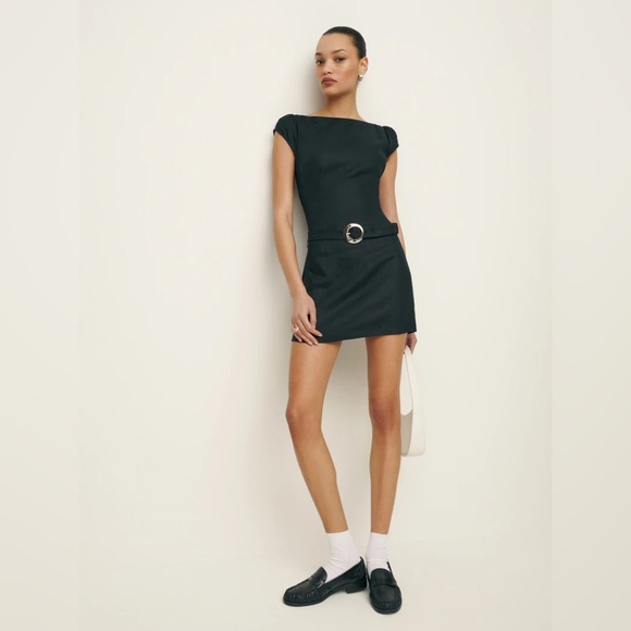 Reformation 10 NWT Zelmira Black Belted Linen Mini Dress